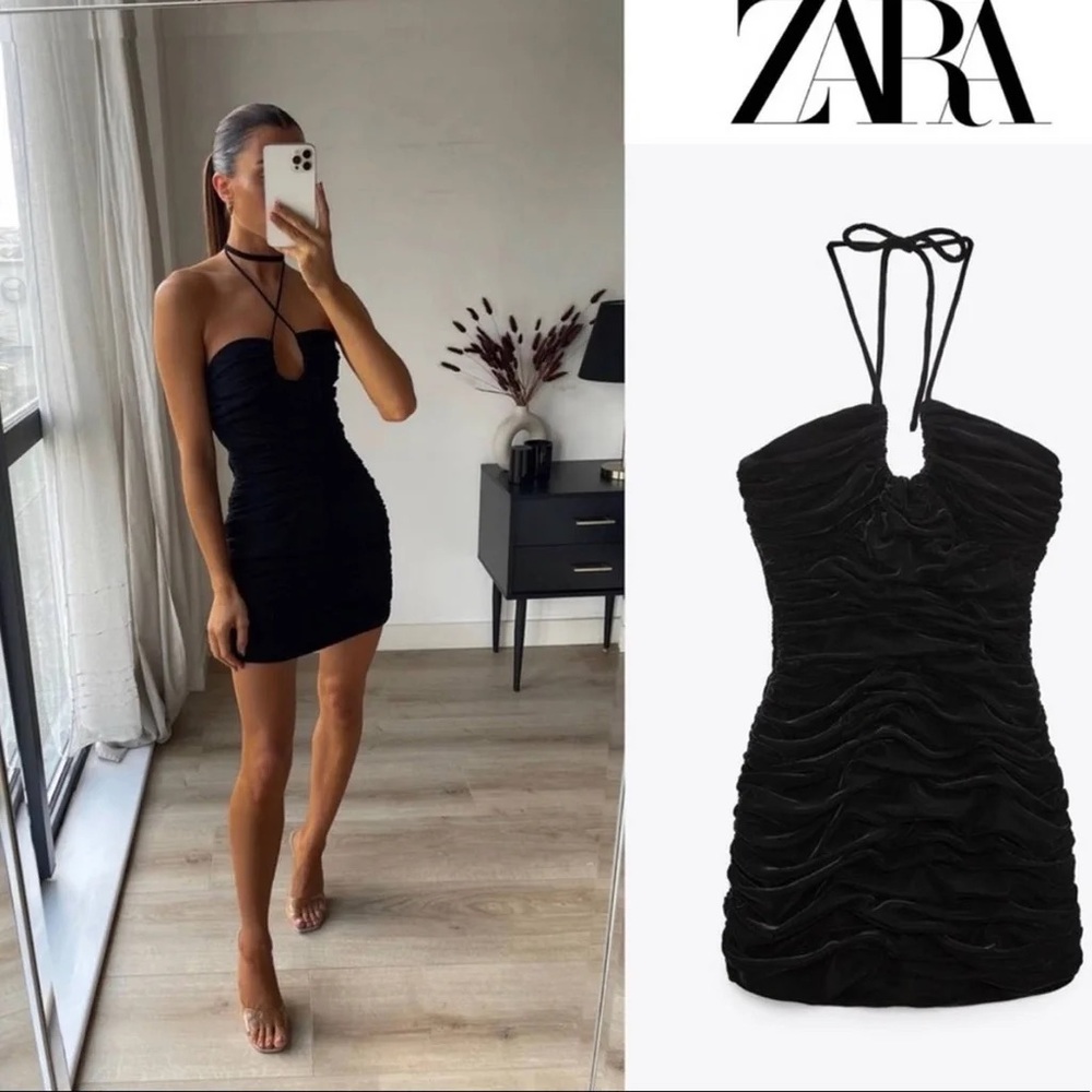 ZARA BLOGGER FAVORITE BLACK VELVET MINI HALTER or STRAPLESS TUBE DRESS XS